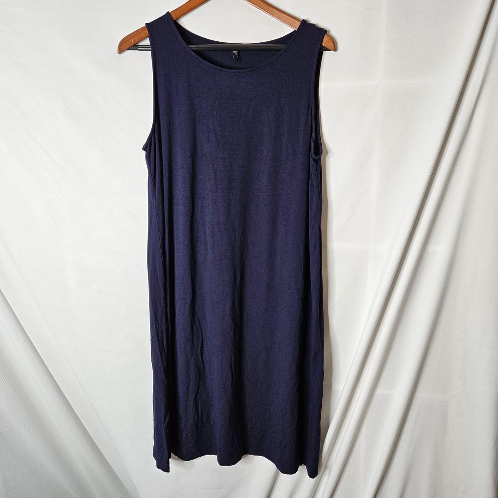 Eileen Fisher Wide Neck Midnight Blue Viscose Jersey Shift Dress sz L